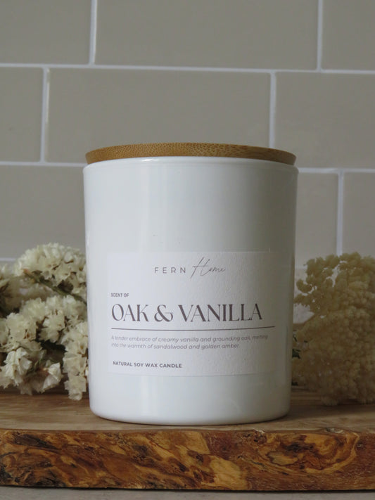 Oak & Vanilla Soy Wax Candle - Frosted Glass