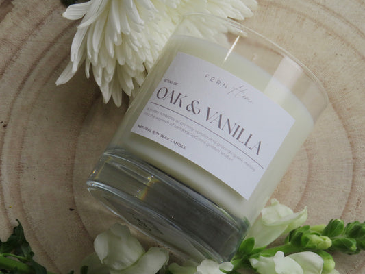 Oak & Vanilla Soy Wax Candle - Clear Glass