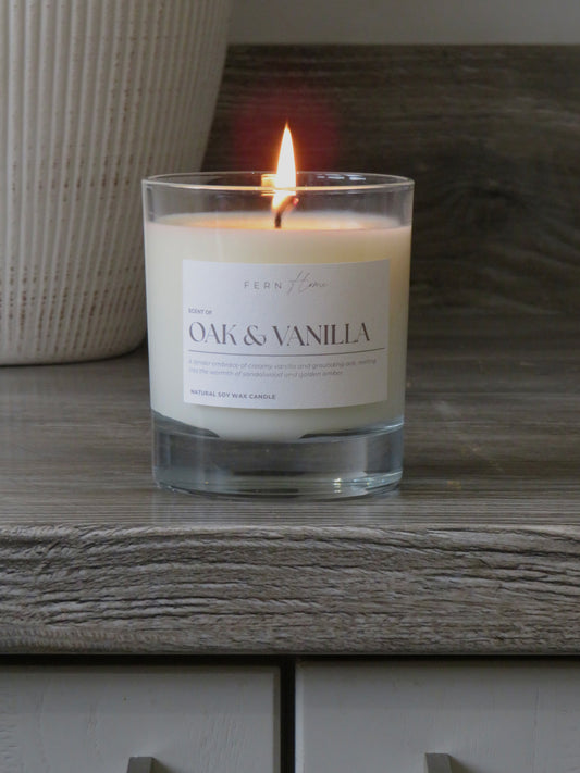 Oak & Vanilla Soy Wax Candle - Clear Glass